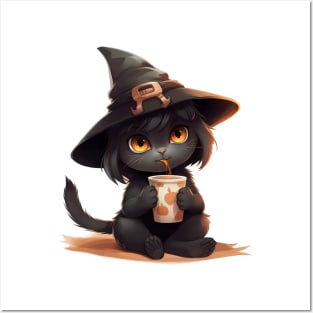 Cartoon black cat wearing a witch hat. Posters and Art